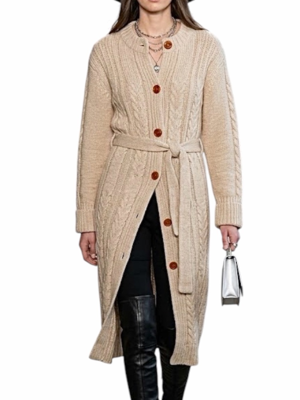 Vintage 70s pure wool old money long beige belted cable knit coatigan duster S